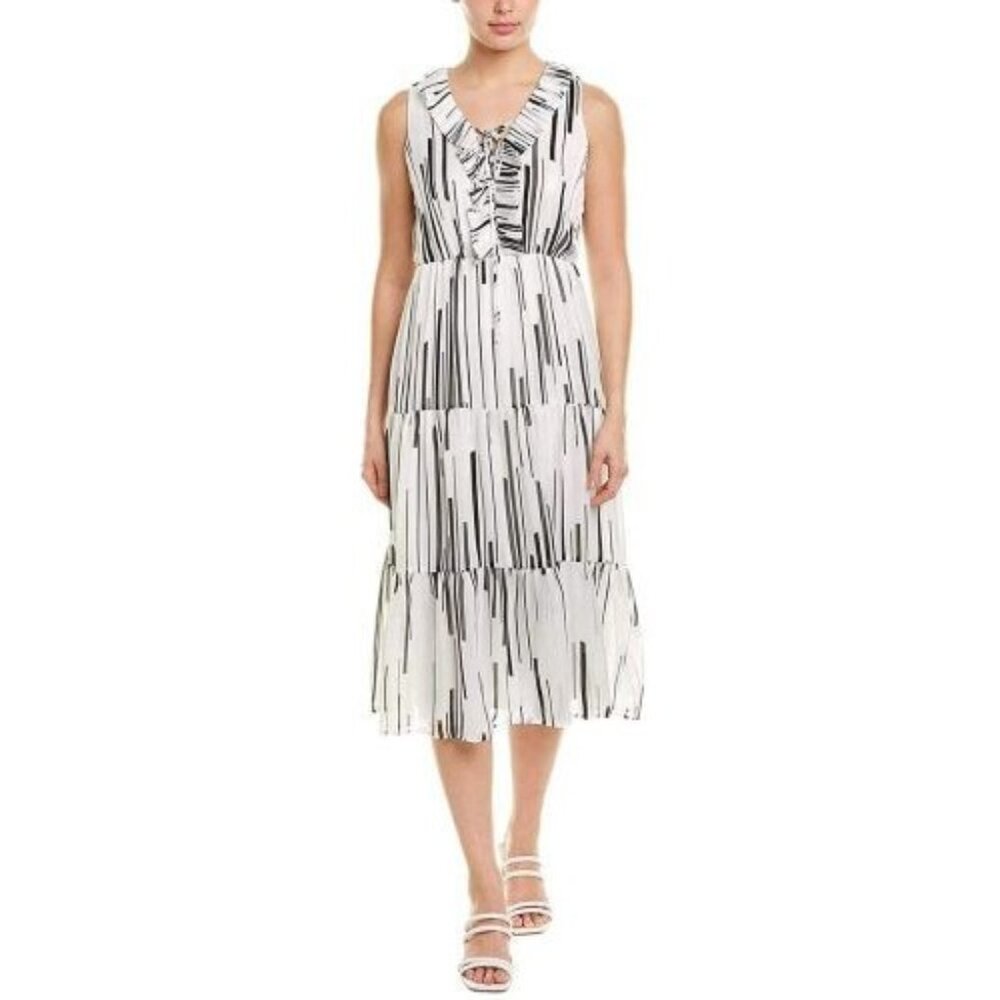 Taylor Shear White‎ Ruffled Tie Neck Below The Knee Fit + Flare Evening Dress 4P